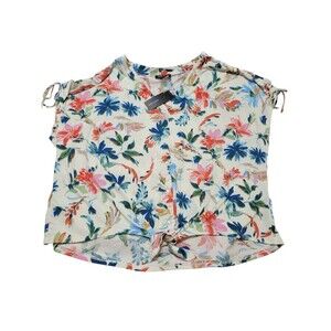 NWT Robert Louis 3X Red Blue Floral Button Tie Front Tie Sleeve Top Stretch   D2